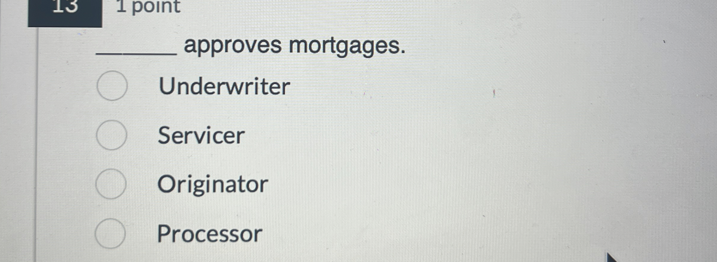  1 point approves mortgages. Underwriter Servicer Originator Processor 