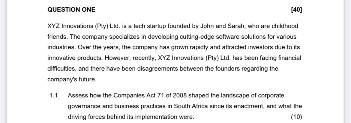  QUESTION ONE XYZ Innovations (Pty) Ltd. is a tech startup founded