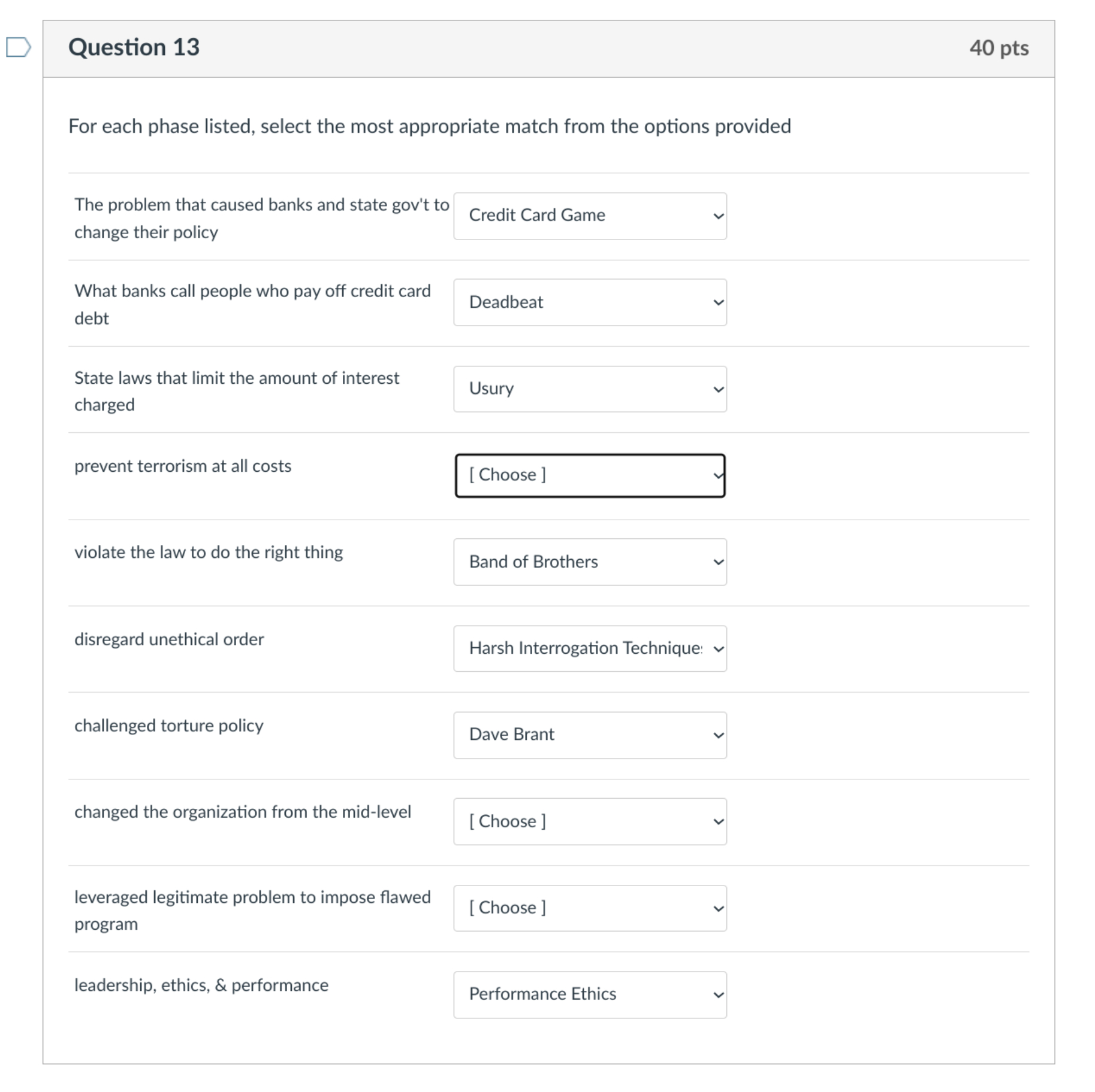  Question 13 For each phase listed, select the most appropriate match
