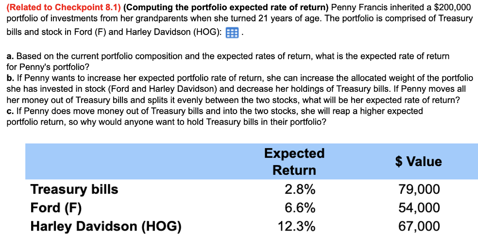  (Related to Checkpoint 8.1)(Computing the portfolio expected rate of return) Penny