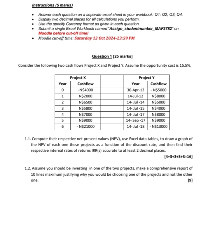  Instructions (5 marks) Answer each question on a separate excel sheet