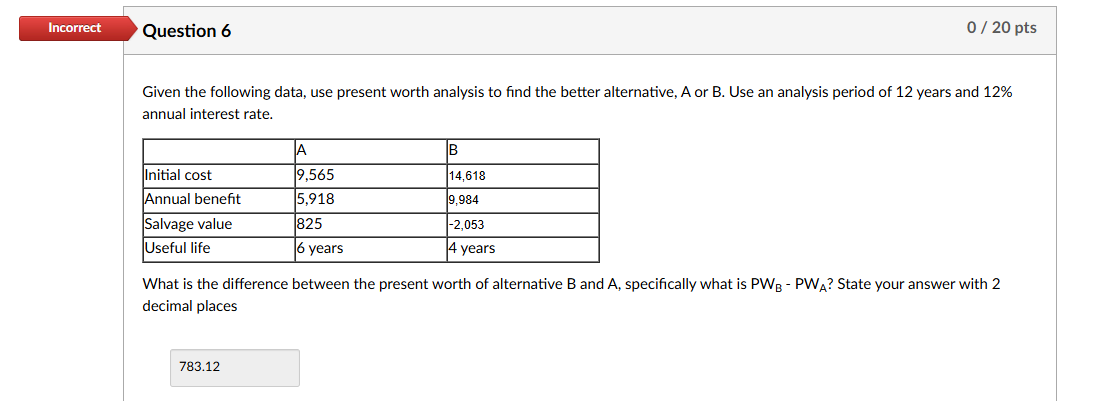  Question 6 Given the following data, use present worth analysis to