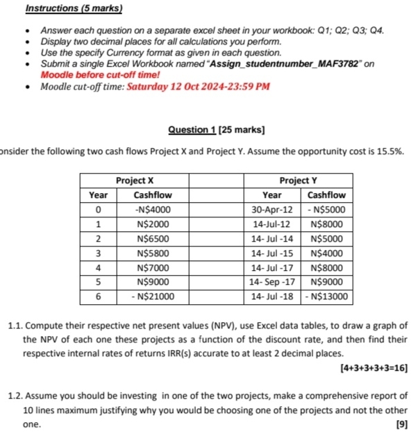  Instructions (5 marks) Answer each question on a separate excel sheet