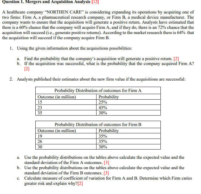  Question 1. Mergers and Acquisition Analysis [12] A healthcare company "NORTHEN
