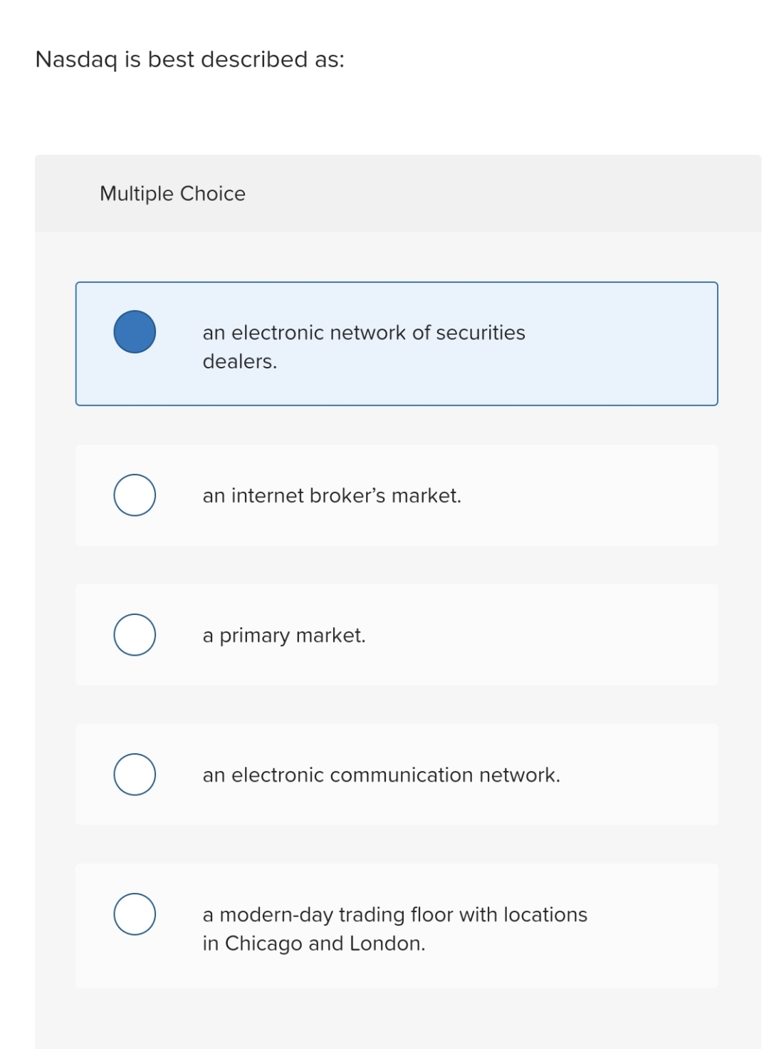  Nasdaq is best described as: Multiple Choice an electronic network of