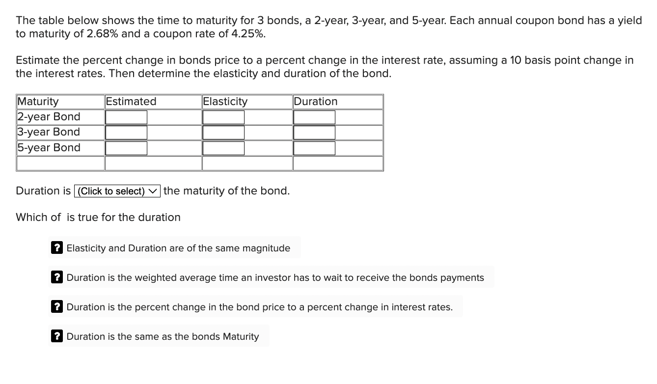  The table below shows the time to maturity for 3 bonds,