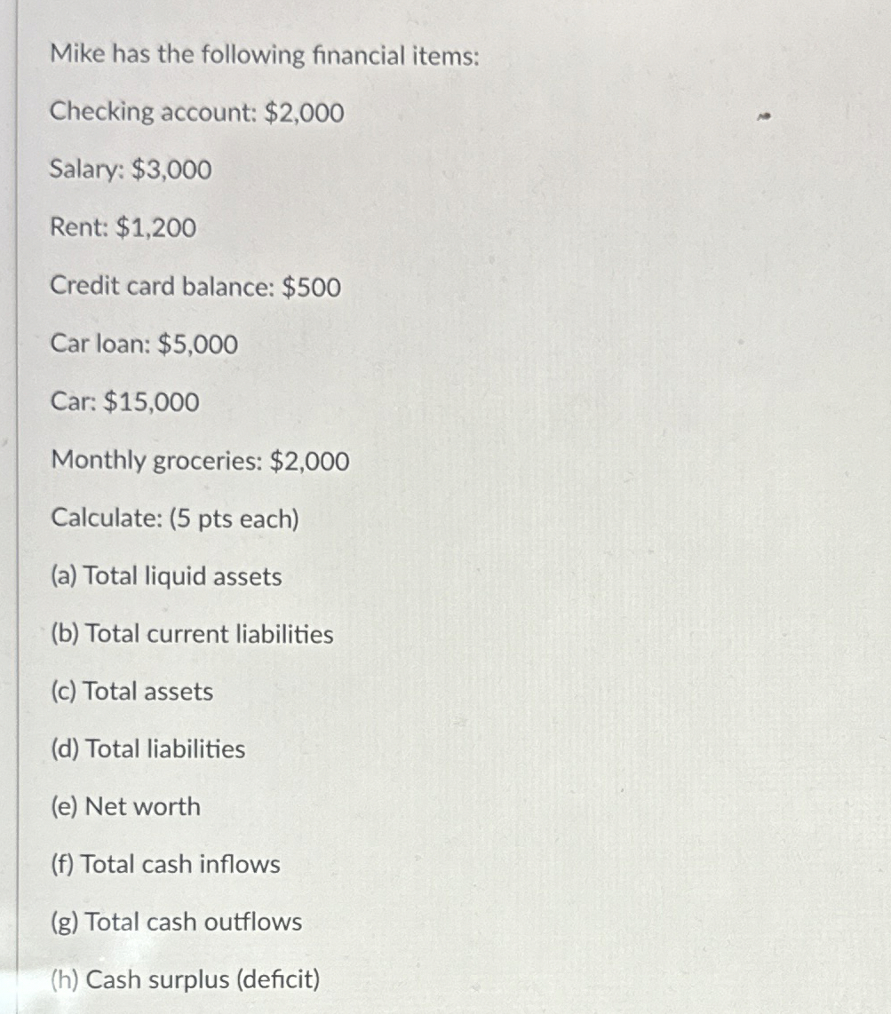  Mike has the following financial items: Checking account: $2,000 Salary: $3,000