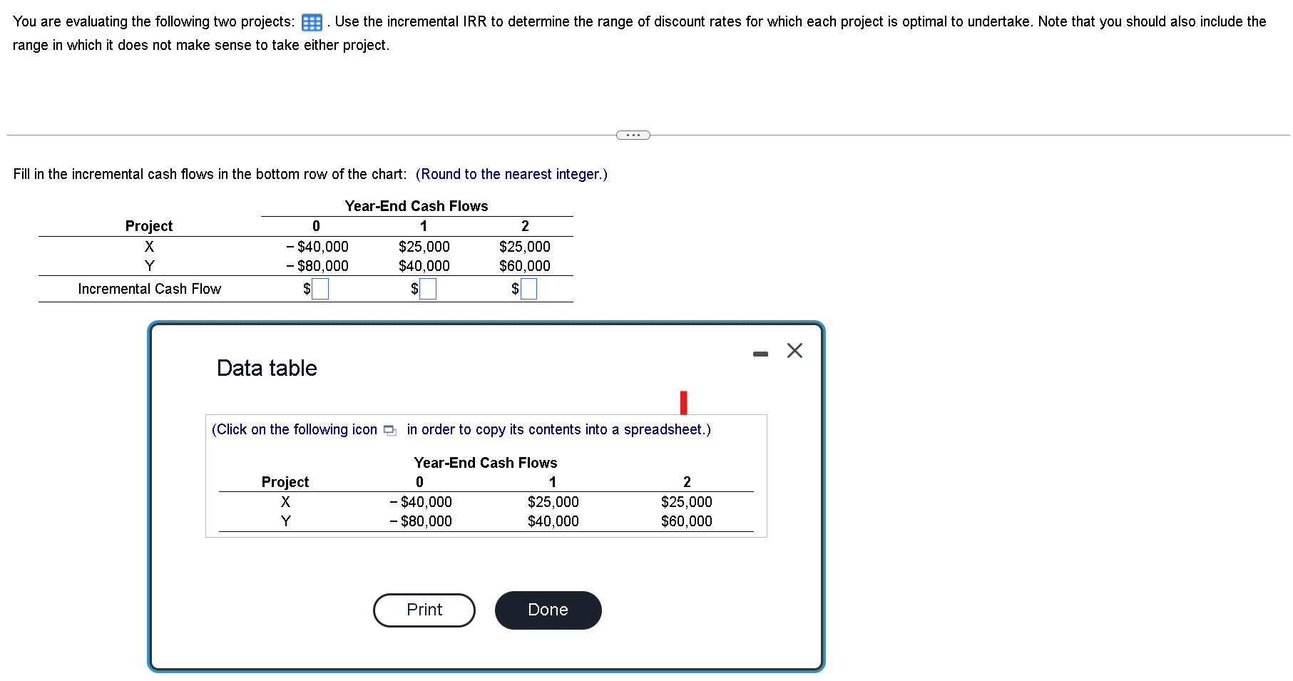  You are evaluating the following two projects: . Use the incremental