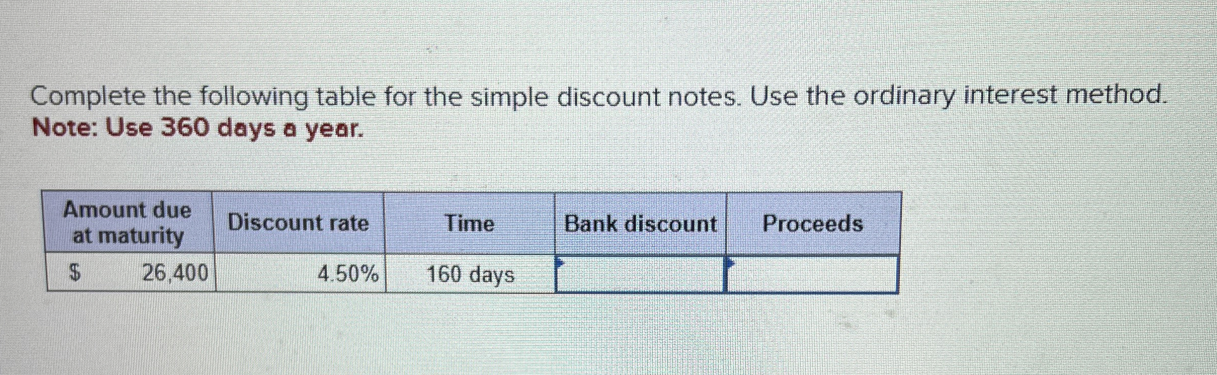  Complete the following table for the simple discount notes. Use the