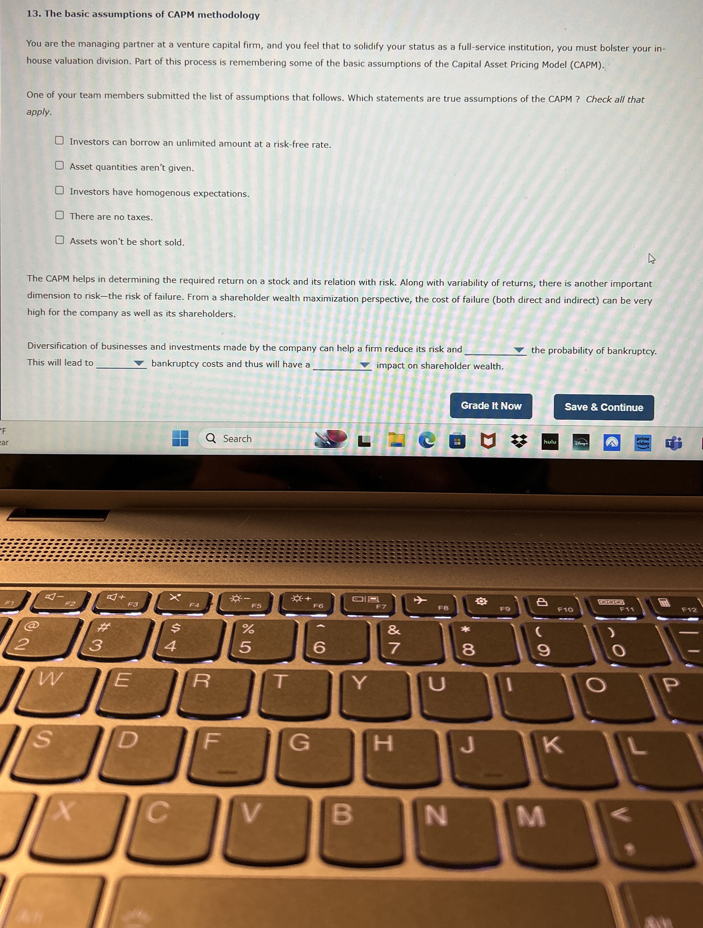  The basic assumptions of CAPM methodology You are the managing partner