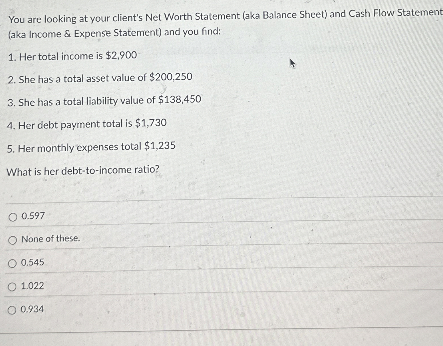  You are looking at your client's Net Worth Statement (aka Balance