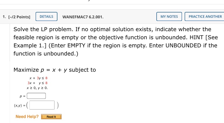  1. [-/2 Points] DETAILS WANEFMAC7 6.2.001. MY NOTES PRACTICE ANOTHER Solve