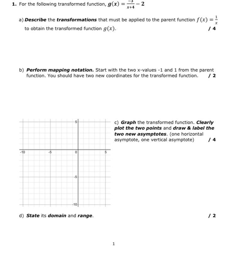  1. For the following transformed function, g(x) = - - 2