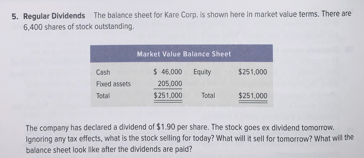  Regular Dividends The balance sheet for Kare Corp. is shown here