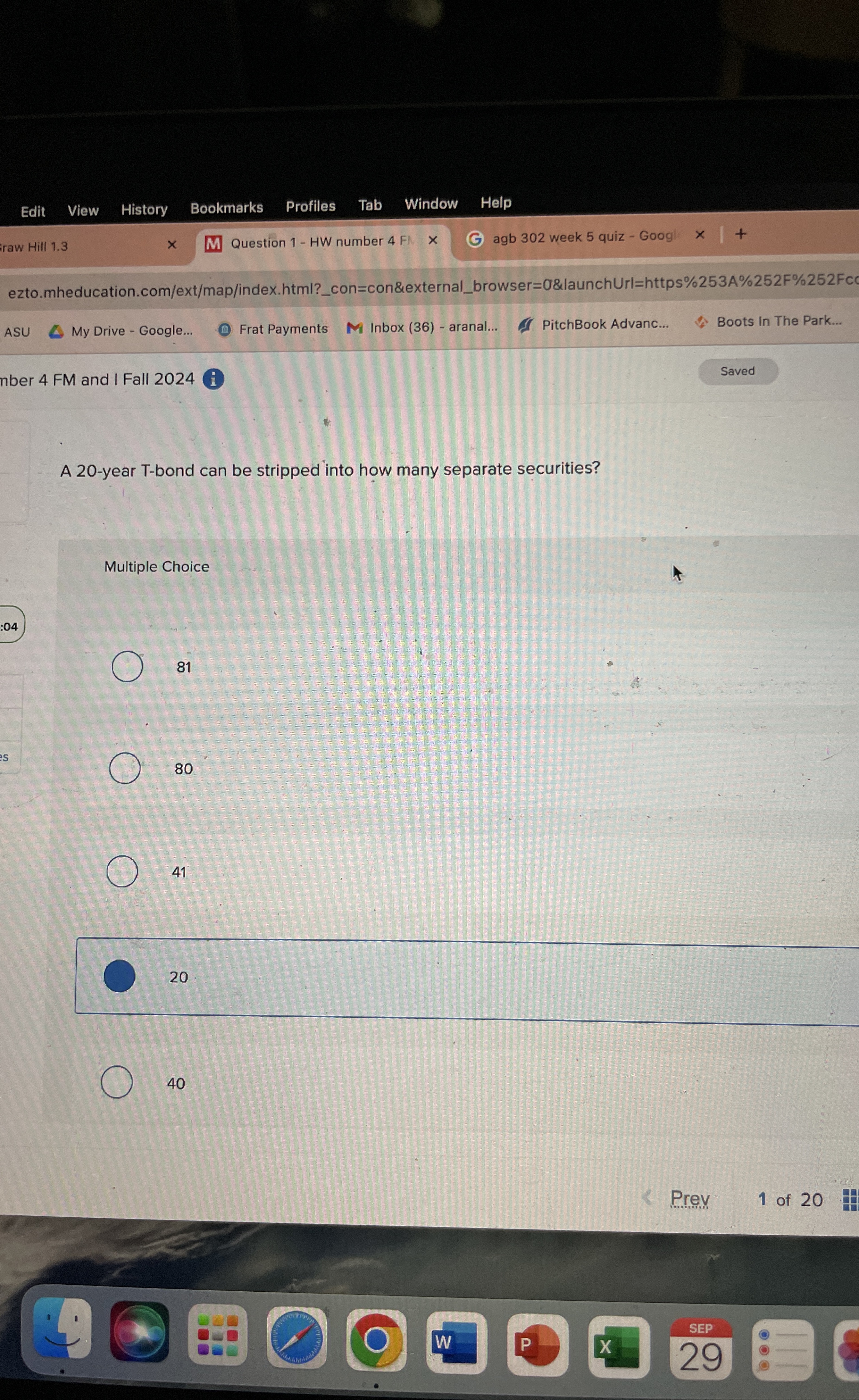 A 20-year T-bond can be stripped into how many separate securities?