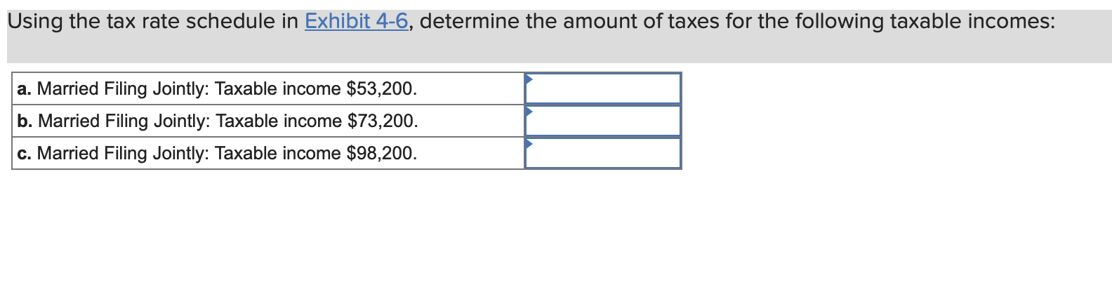  Using the tax rate schedule in Exhibit 4-6, determine the amount
