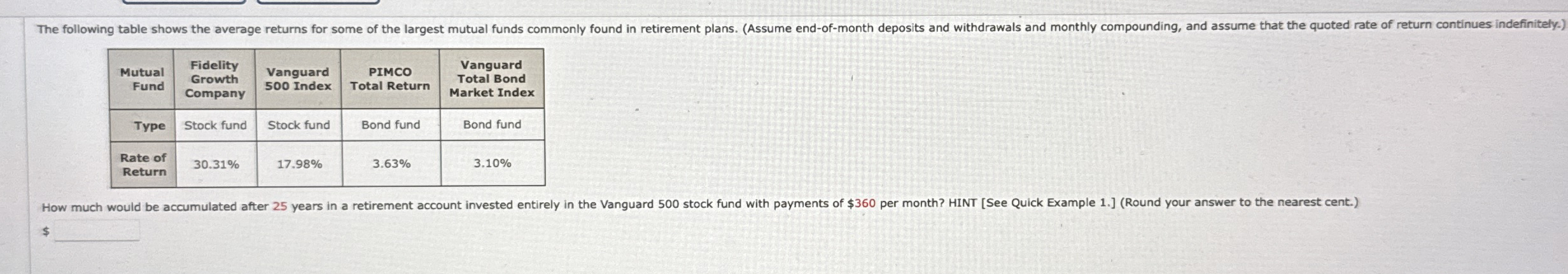  \table[[\table[[Mutual],[Fund]],\table[[Fidelity],[Growth],[Company]],\table[[Vanguard],[500 Index]],\table[[PIMCO],[Total Return]],\table[[Vanguard],[Total Bond],[Market Index]]],[Type,Stock fund,Stock fund,Bond fund,Bond fund],[\table[[Rate of],[Return]],30.31%,17.98%,3.63%,3.10% 