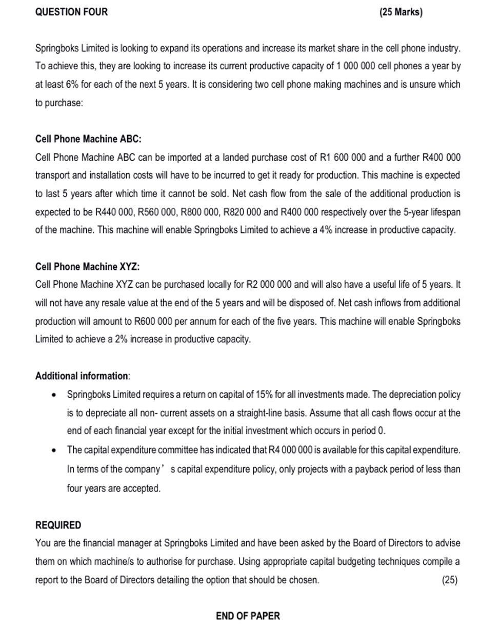  QUESTION FOUR (25 Marks) Springboks Limited is looking to expand its