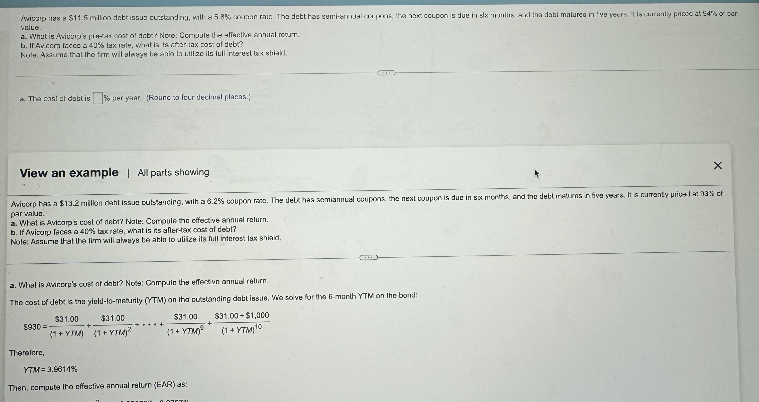  value. a. What is Avicorp's pre-tax cost of debt? Note: Compute