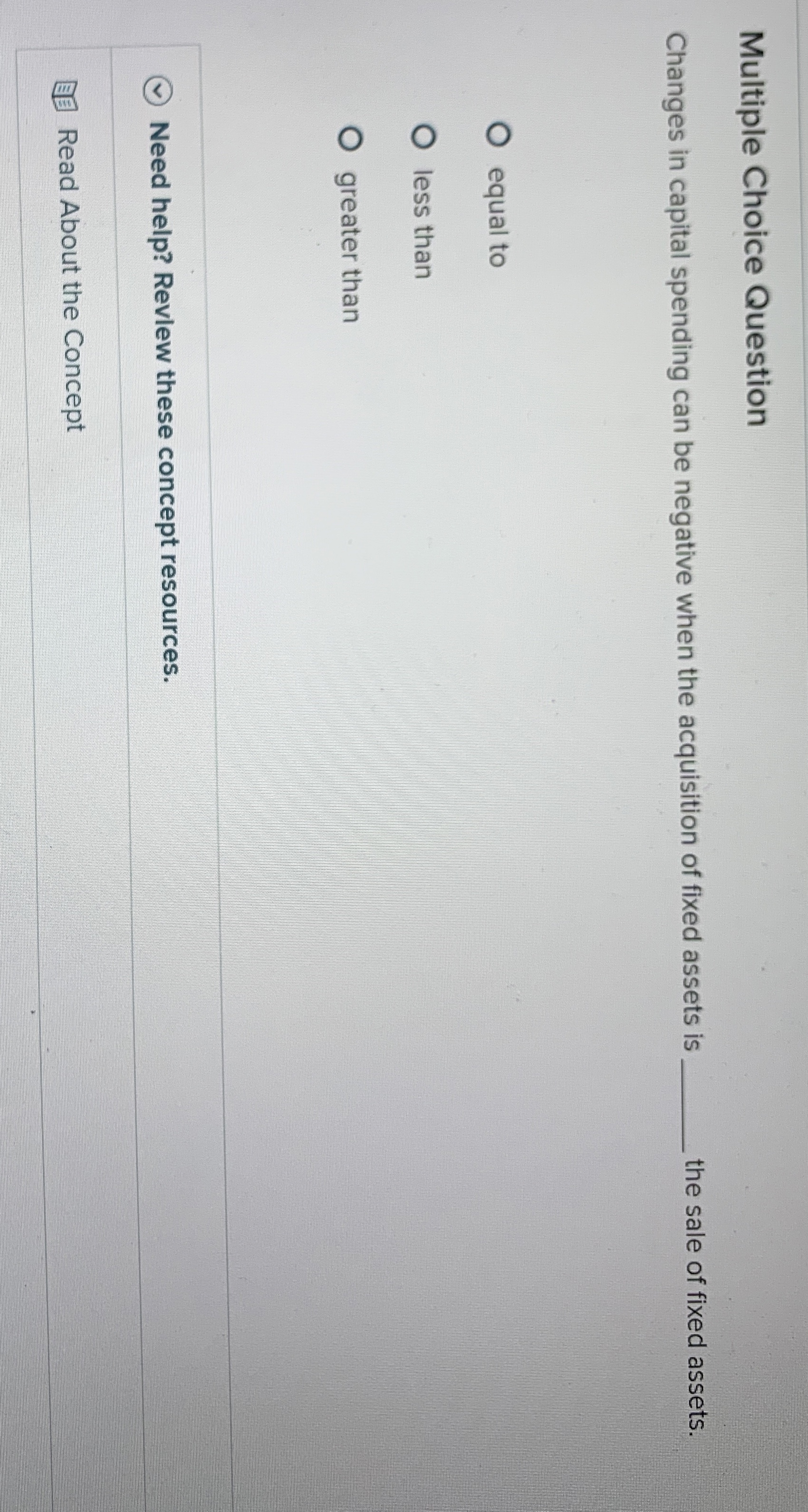 Multiple Choice Question Changes in capital spending can be negative when