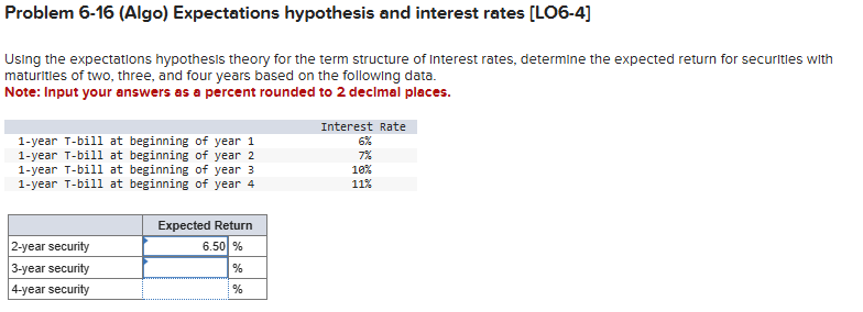  Problem 6-16(Algo) Expectations hypothesis and interest rates [LO6-4] Using the expectations