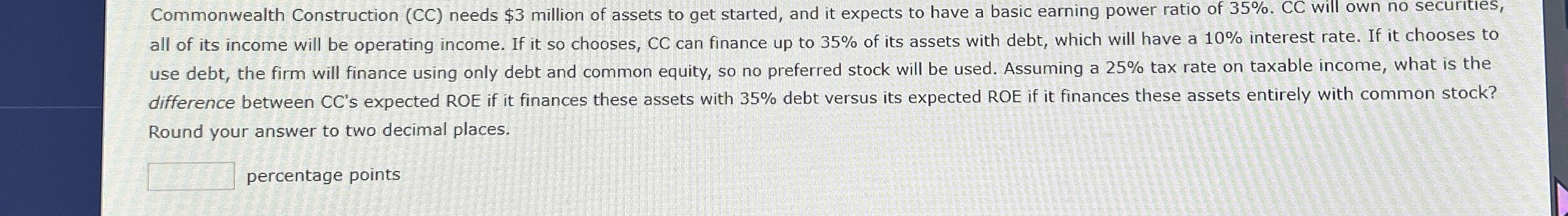  Commonwealth Construction (CC) needs $3 million of assets to get started,