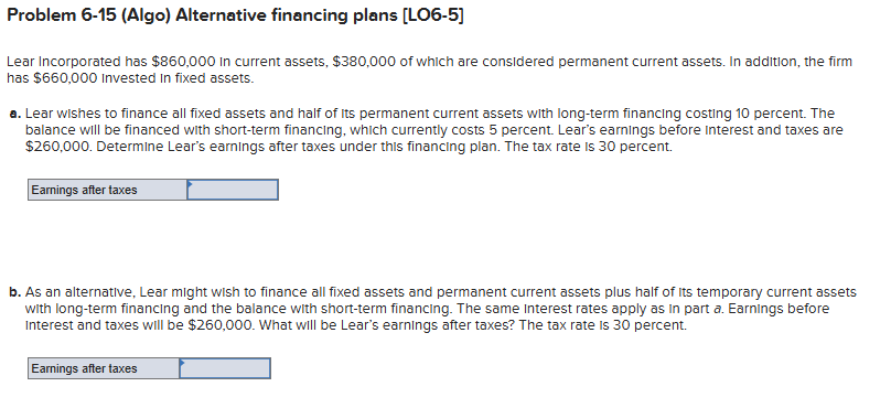  Problem 6-15(Algo) Alternative financing plans [LO6-5] Lear Incorporated has $860,000 in
