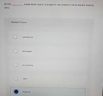  At the break-even point, a project's net present value equals exactly