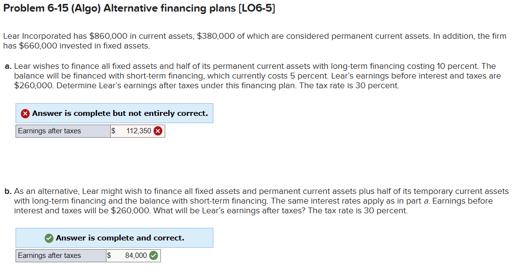  Problem 6-15(Algo) Alternative financing plans [LO6-5] Lear Incorporated has $860,000 in