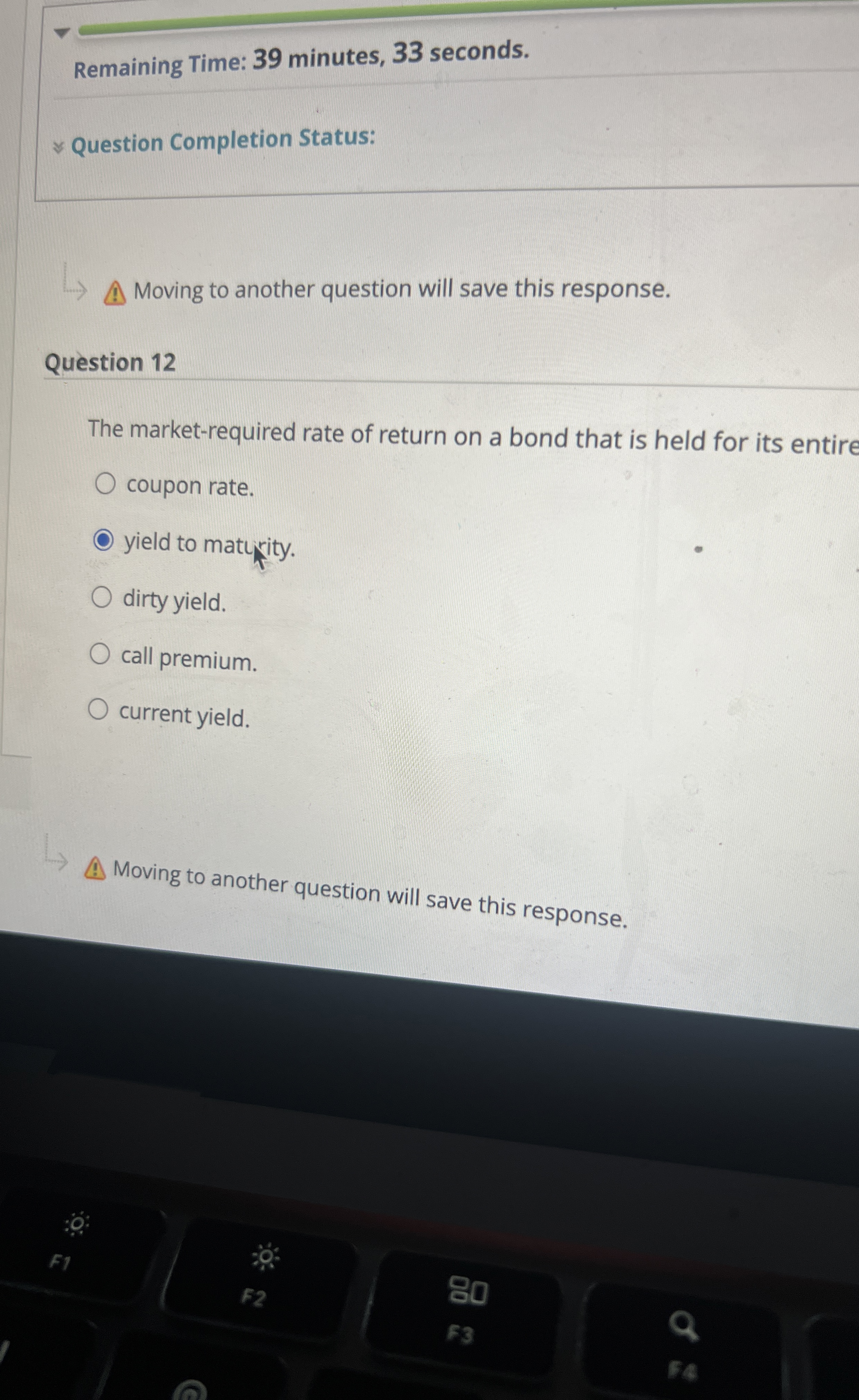  Remaining Time: 39 minutes, 33 seconds. Question Completion Status: Moving to