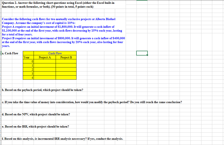  Question 2. Answer the following short questions using Excel (either the