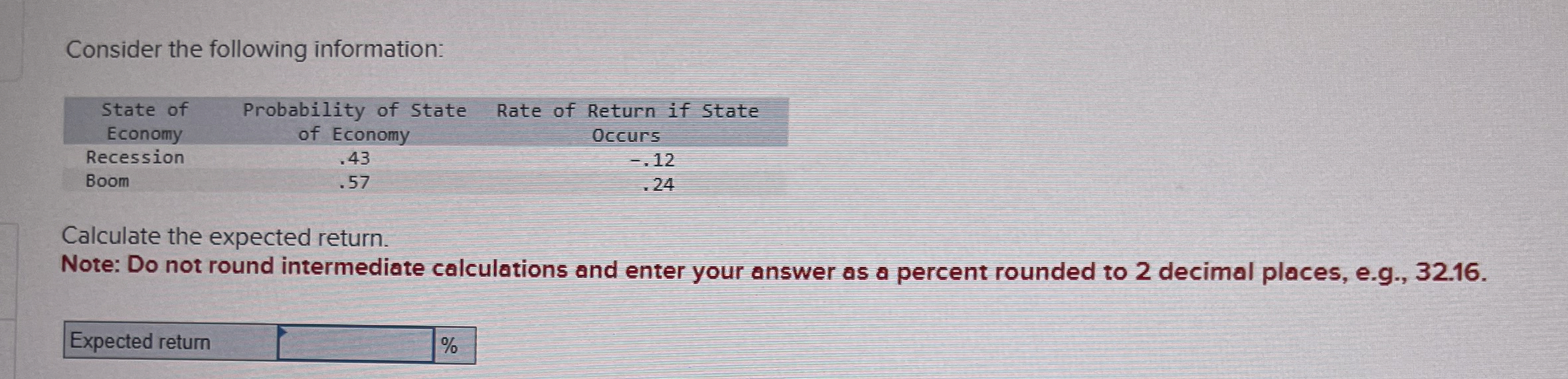  Consider the following information: Calculate the expected return. Note: Do not