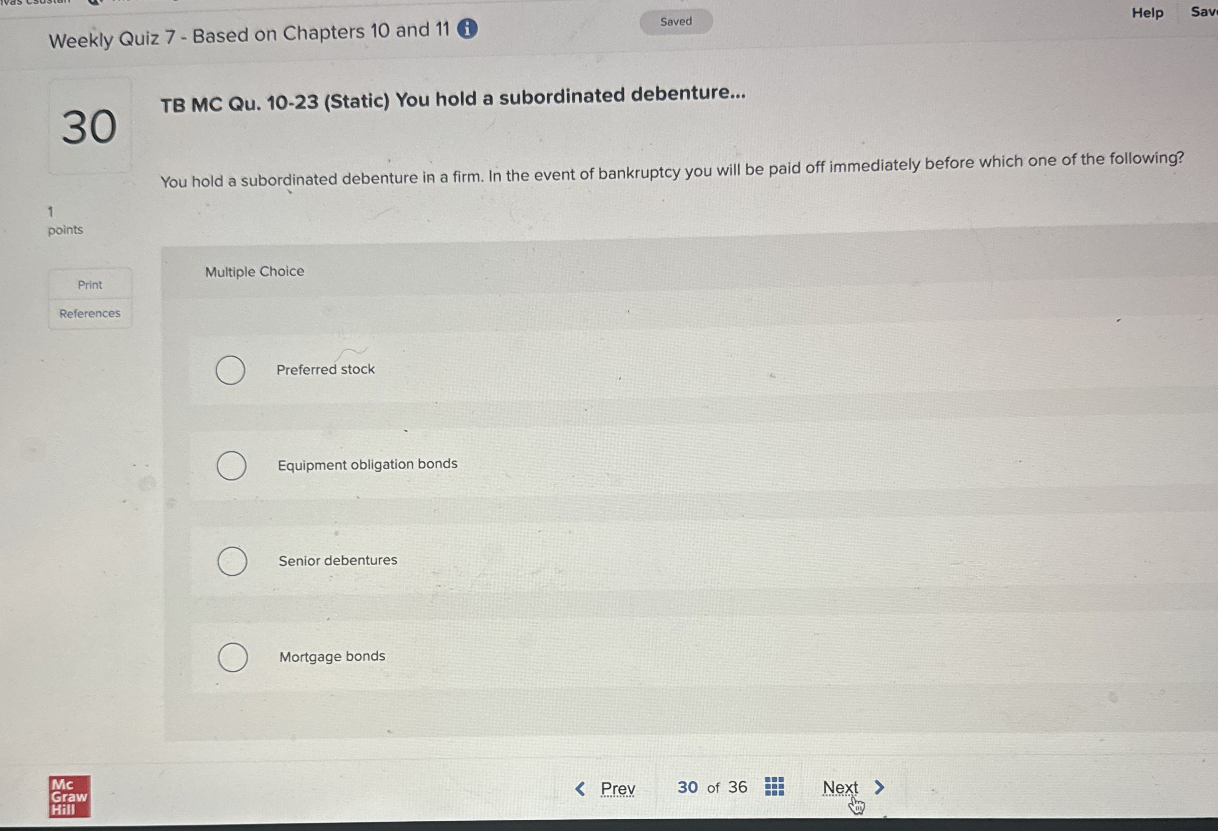  TB MC Qu.10-23(Static) You hold a subordinated debenture... You hold a