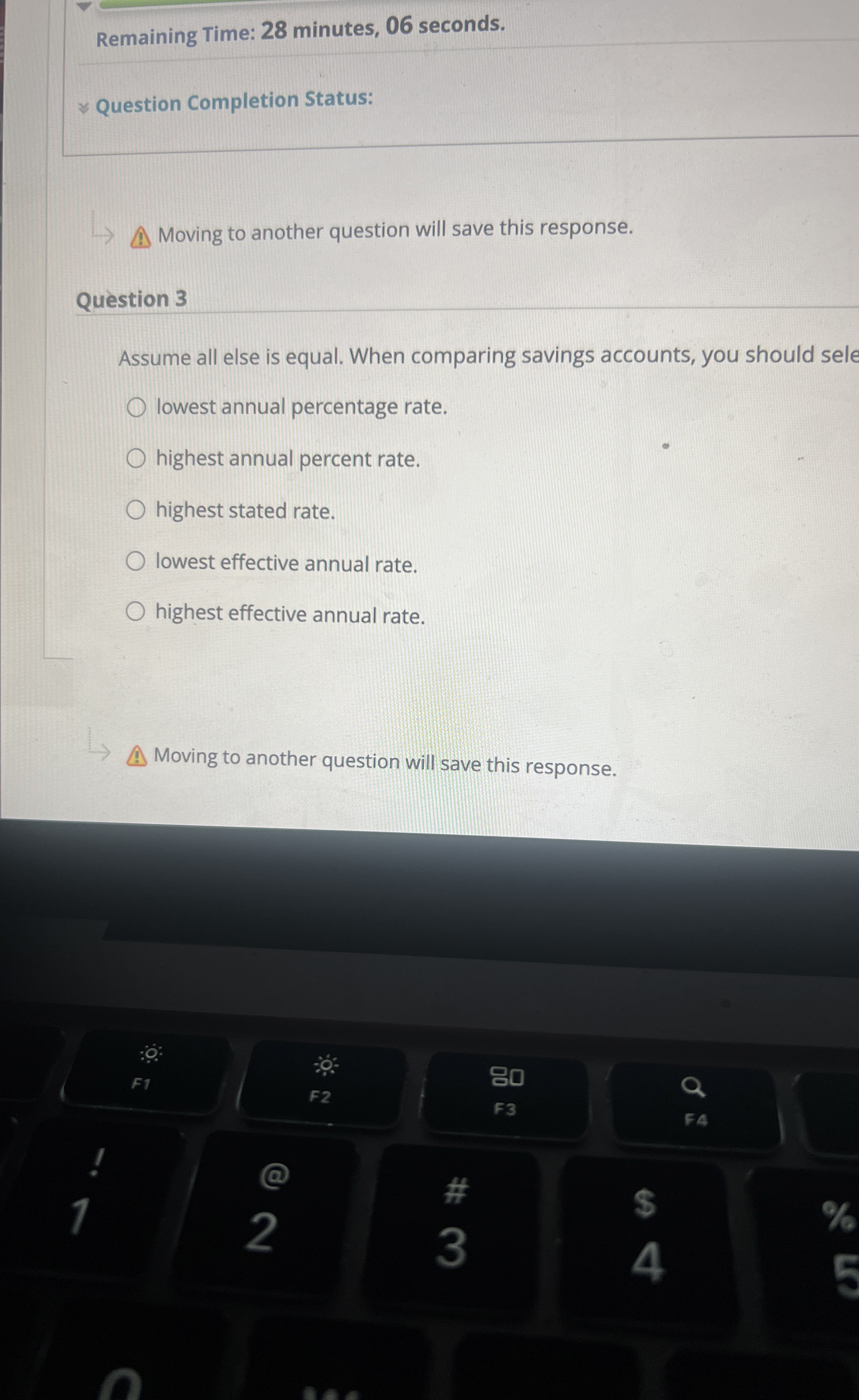  Remaining Time: 28 minutes, 06 seconds. Question Completion Status: Moving to
