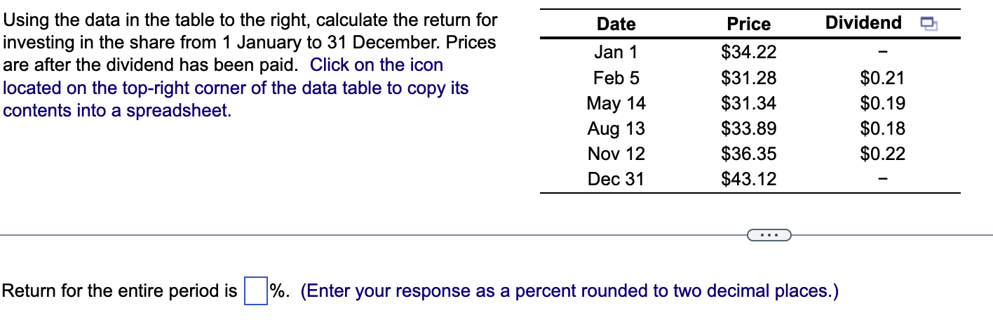  Using the data in the table to the right, calculate the