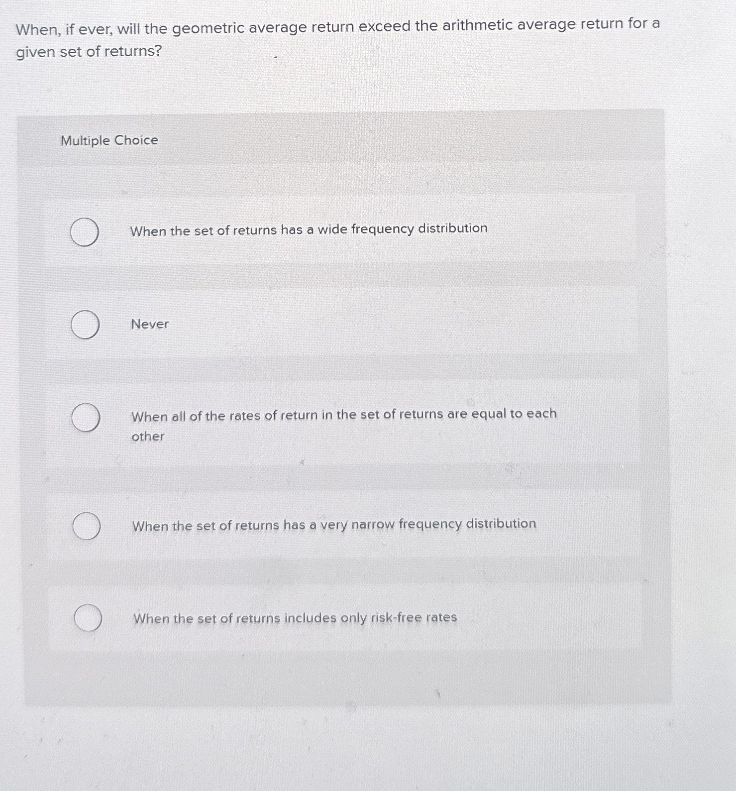  When, if ever, will the geometric average return exceed the arithmetic