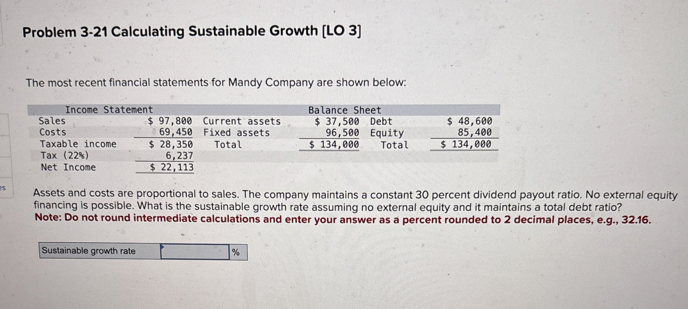  Problem 3-21 Calculating Sustainable Growth [LO 3] The most recent financial