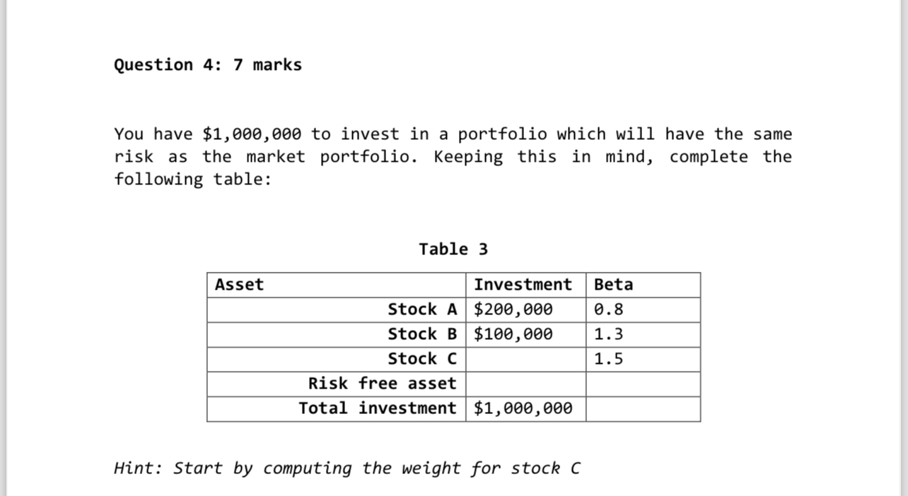  Question 4: 7 marks You have $1,000,000 to invest in a