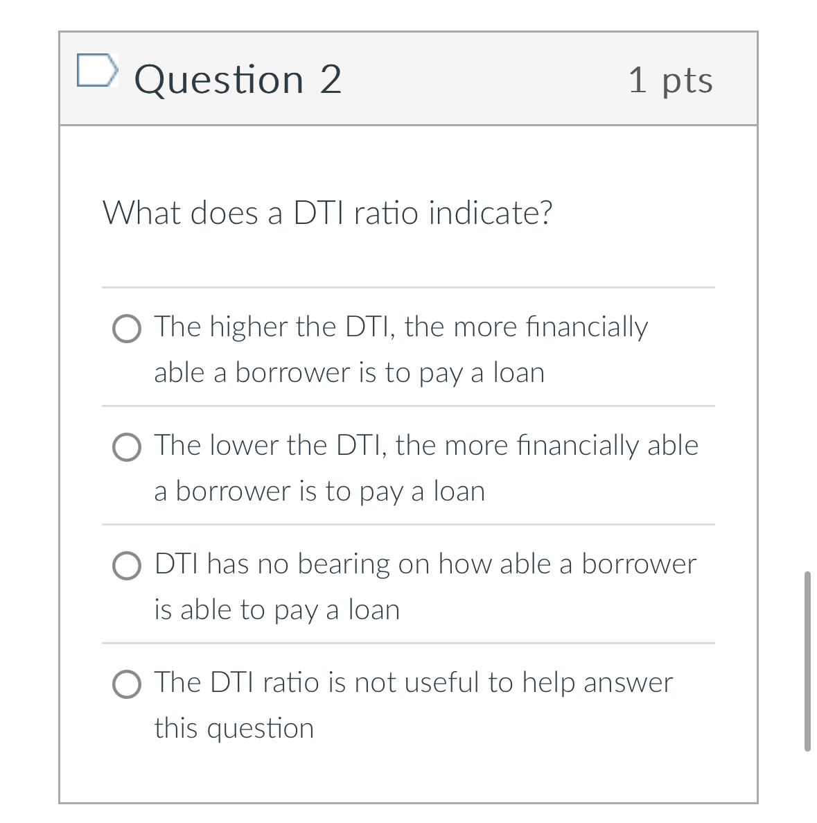  Question 2 What does a DTI ratio indicate? The higher the