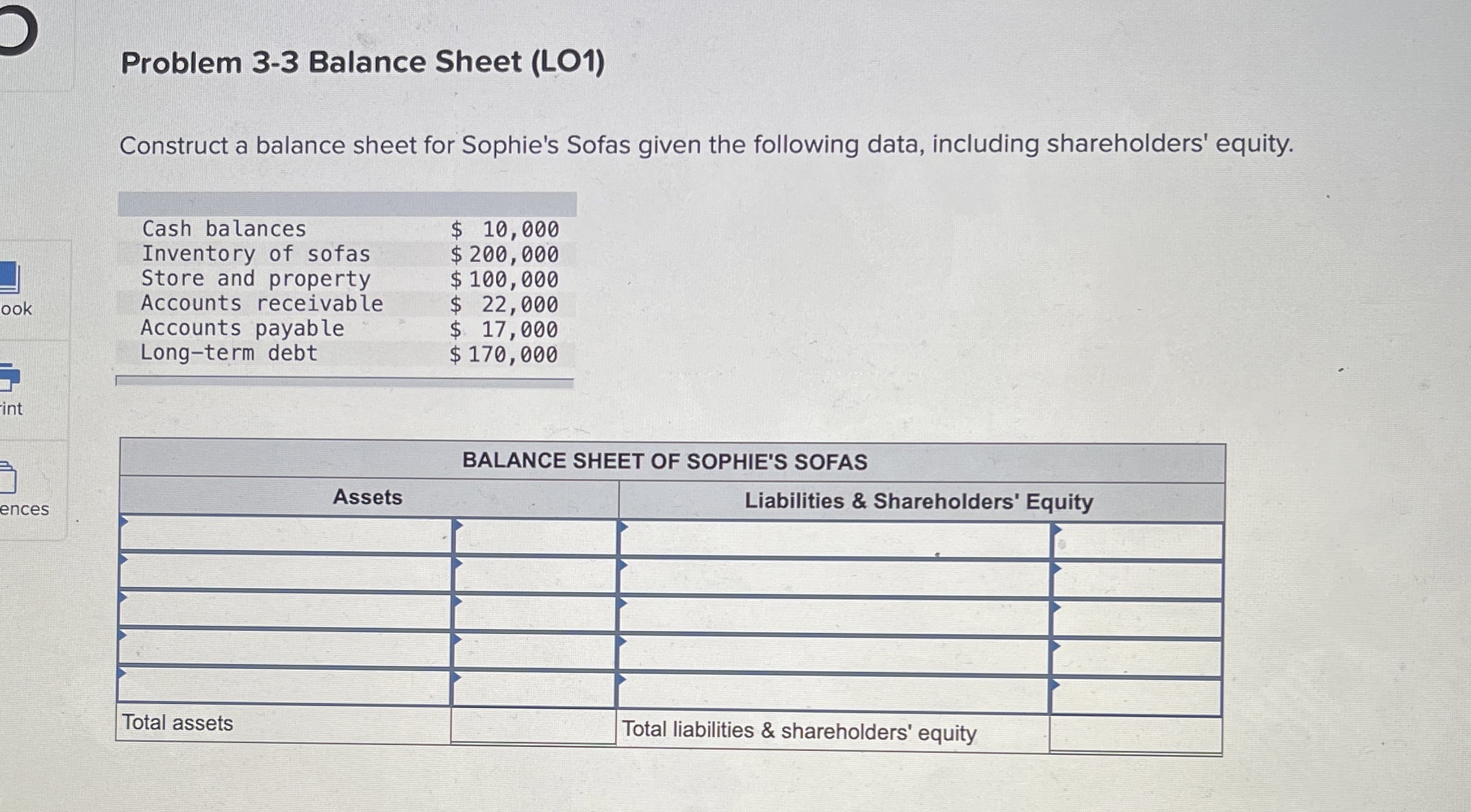  Problem 3-3 Balance Sheet (LO1) Construct a balance sheet for Sophie's