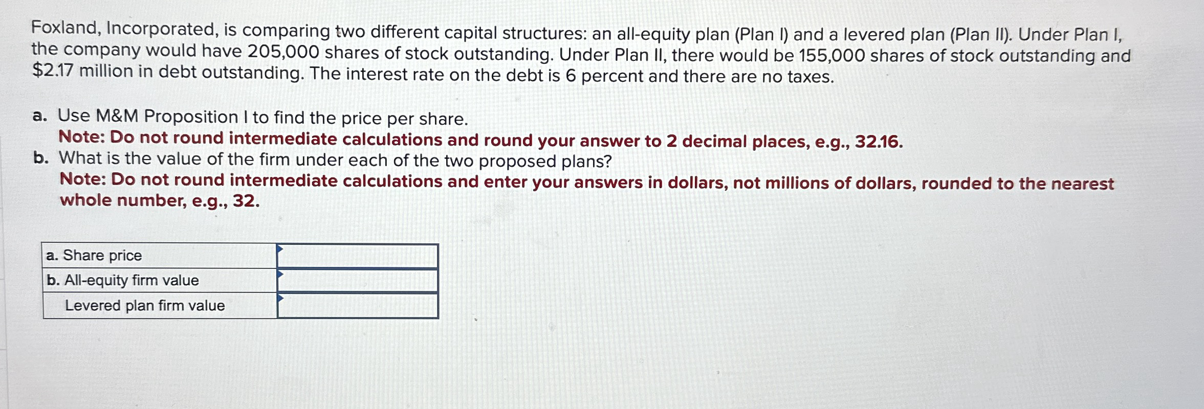  Foxland, Incorporated, is comparing two different capital structures: an all-equity plan