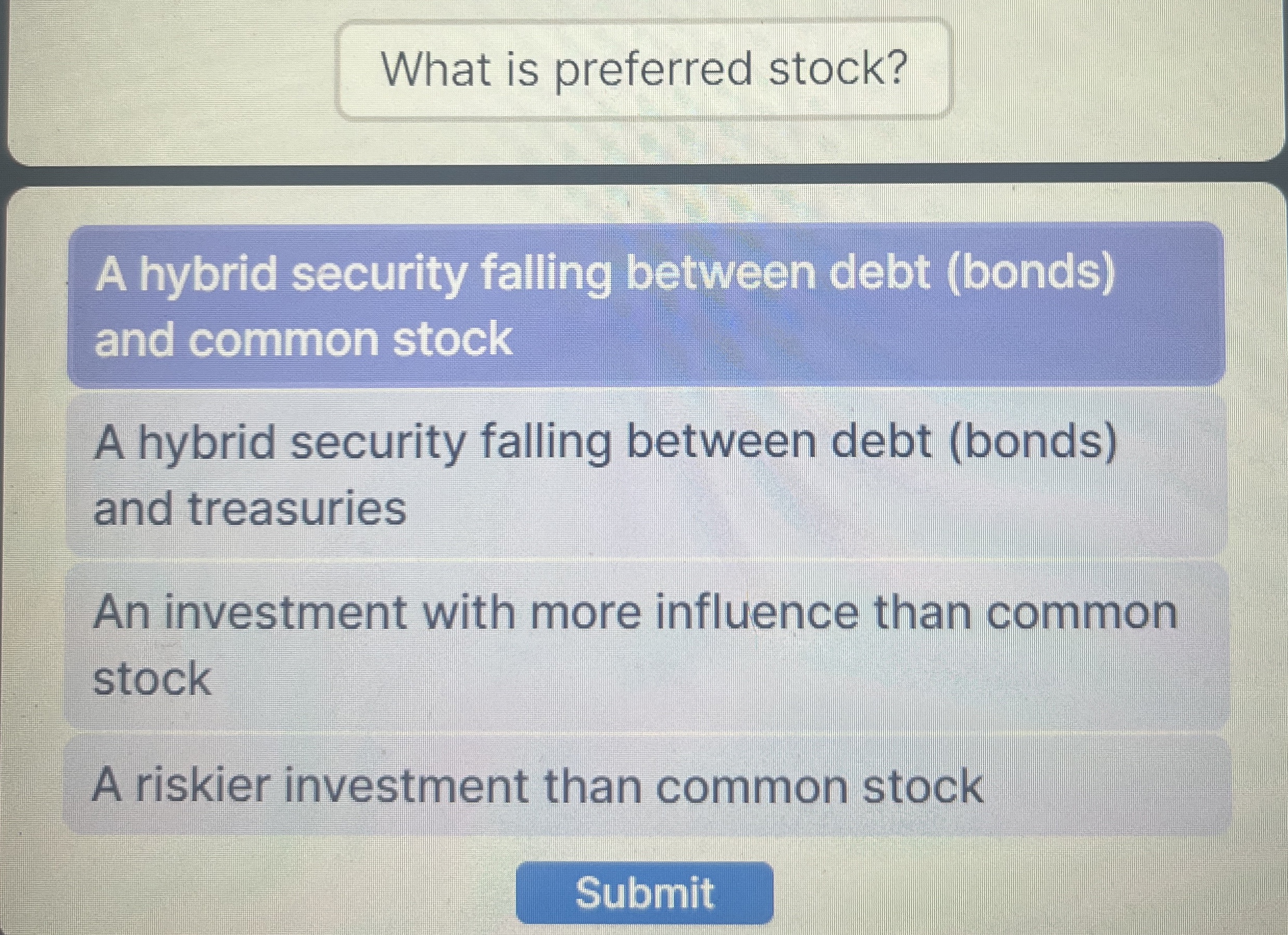  A hybrid security falling between debt (bonds) and common stock A