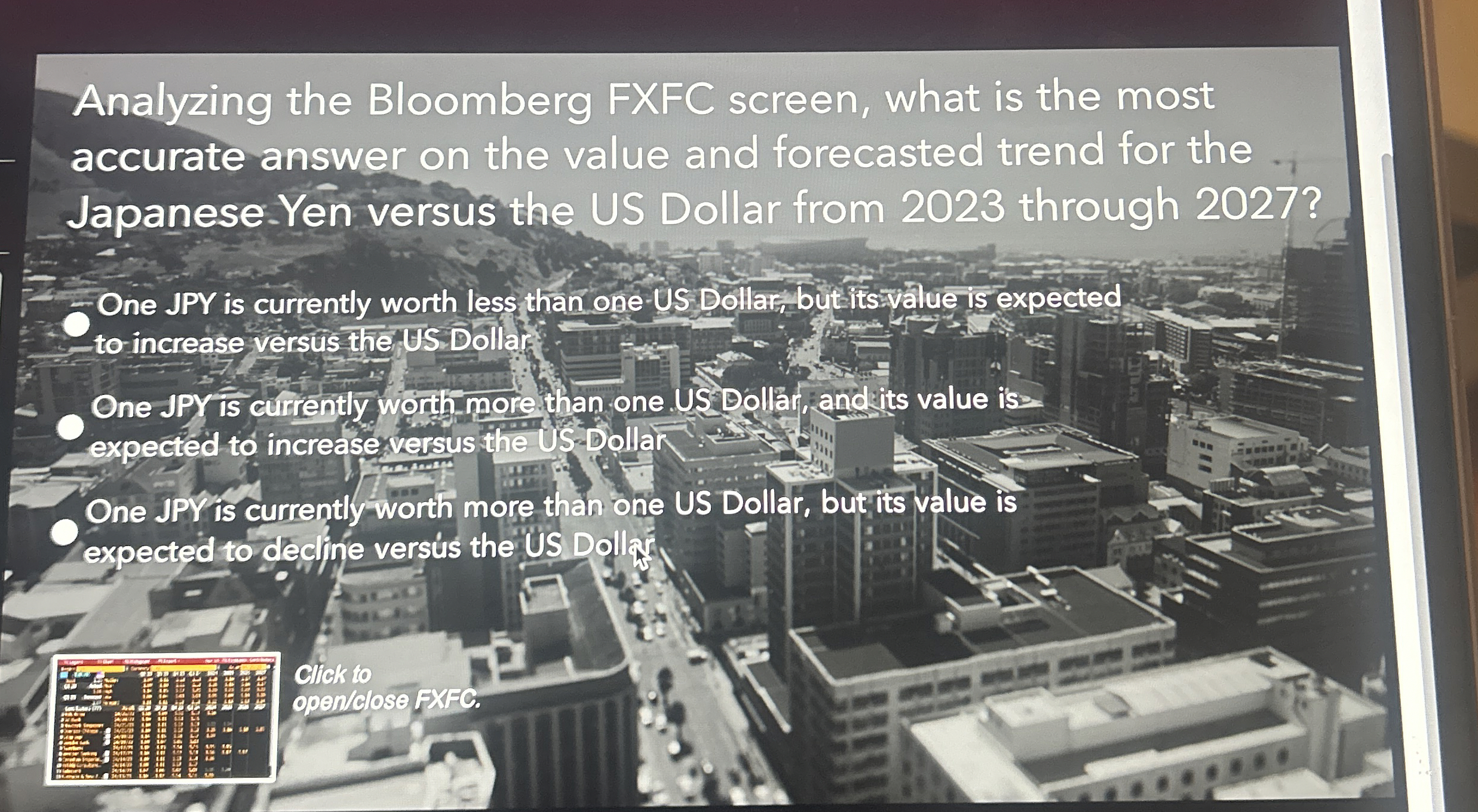  Analyzing the Bloomberg FXFC screen, what is the most accurate answer