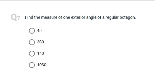 regular decagon? O 36 O 144 O 288 O 72How many sides