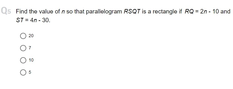 O square\f\fQ5 Find the value of n so that parallelogram RSQT is