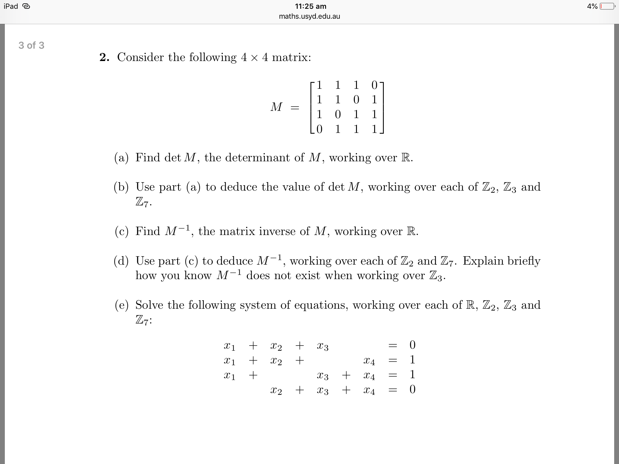 this question involves calculating the determinant and inverting a particular 44 matrix