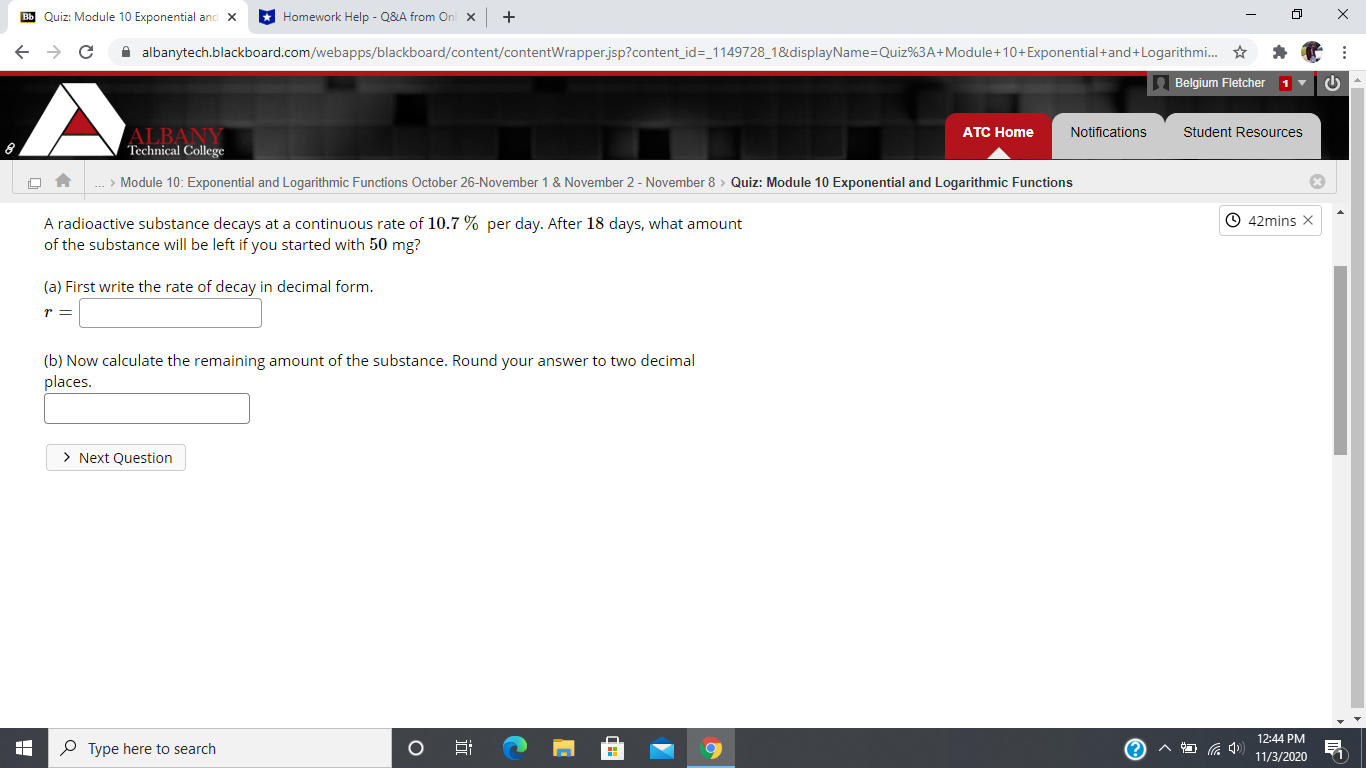 Quiz: Module 10 Exponential and Logarithmic Functions Bb Quiz: Module 10 Exponential