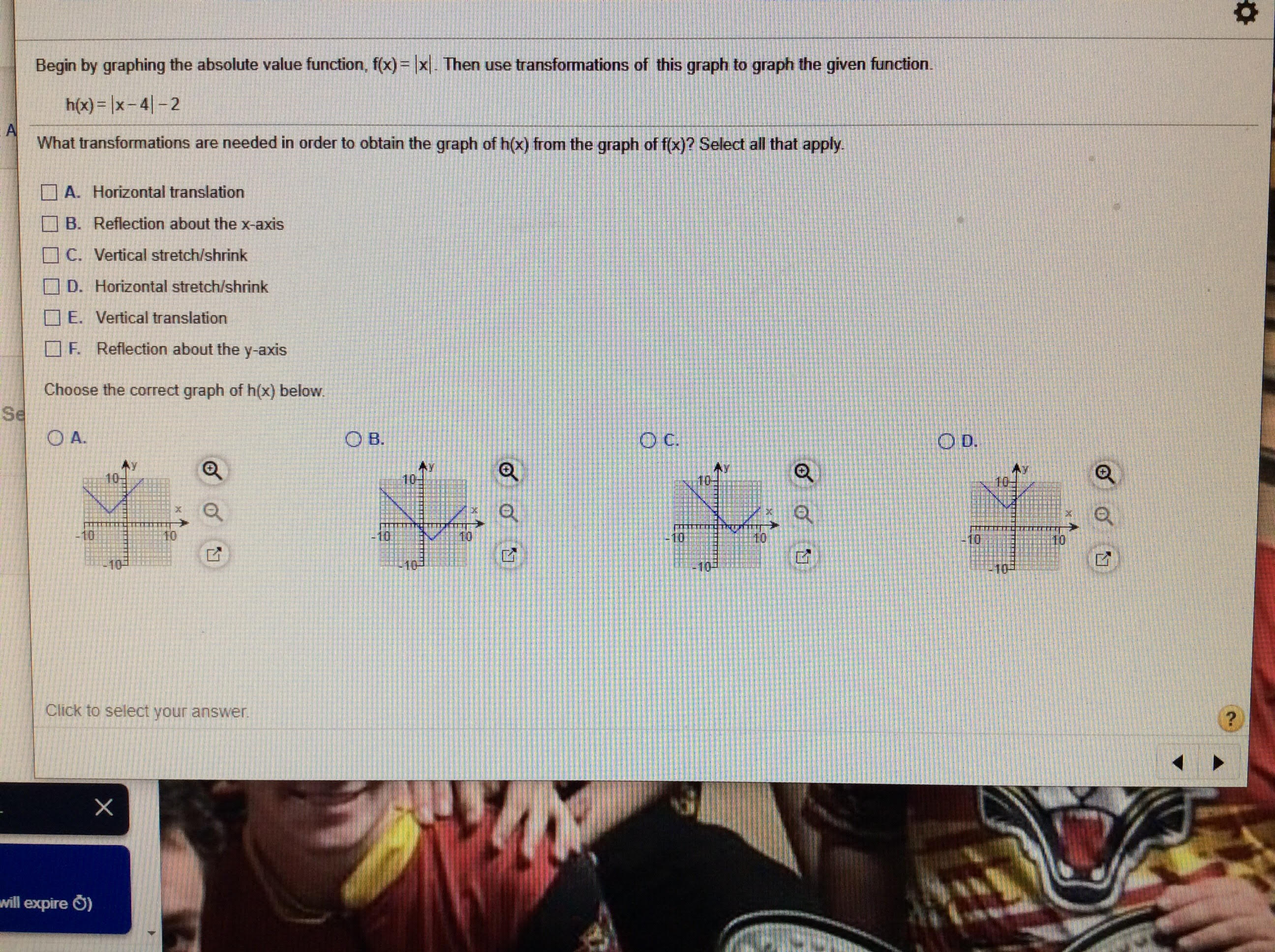  Begin by graphing the absolute value function, f(x) = |x .