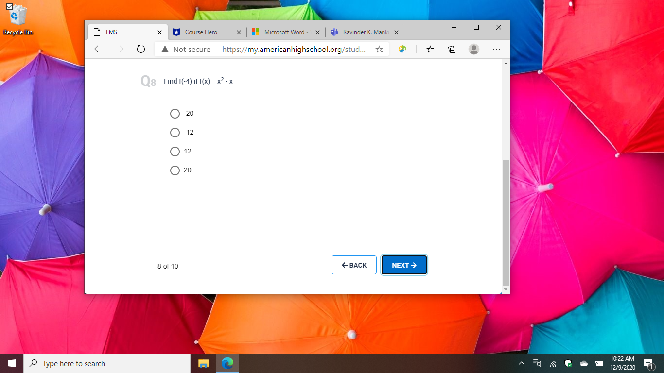 search m 10:22 AM 12/9/2020\fRecycle Bin LMS 0 X X * Course