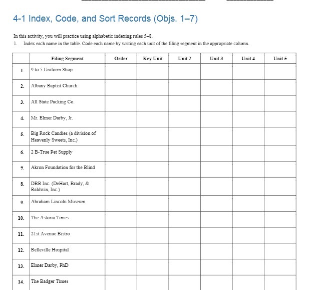  4-1 Index, Code, and Sort Records (Objs. 1-7) In this activity,